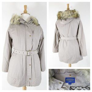 Pendleton Plus Size Beige Tan Fur Trim Hooded Belted Parka Coat L 12 14